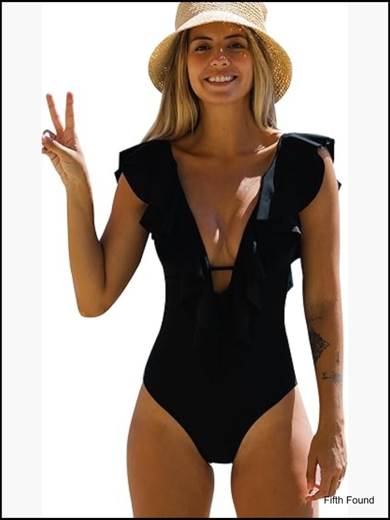 V-Neck Ruffle One Piece Swimsuit With Removable Pads High Leg Cut